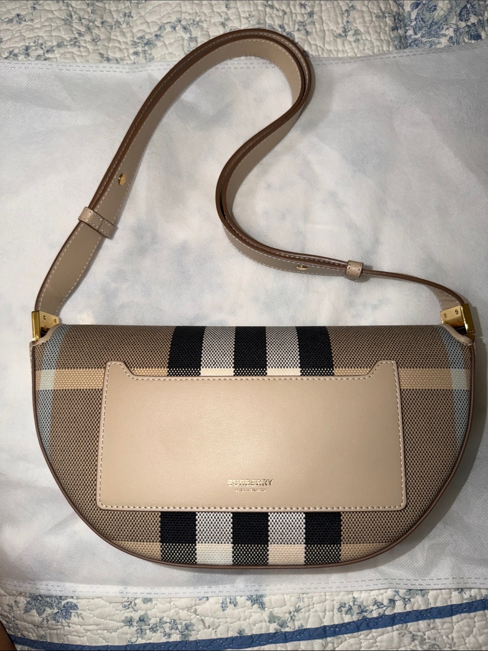 Burberry Tan & Beige Check Crescent Shoulder Bag with Black Stripes (FINAL SALE)